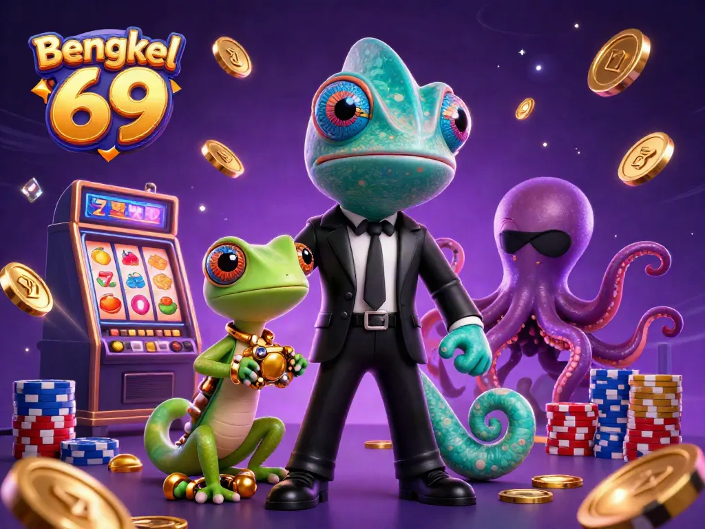 Play thrilling slots at Bengkel 69 with a vibrant scene featuring a colorful chameleon and exciting casino elements.